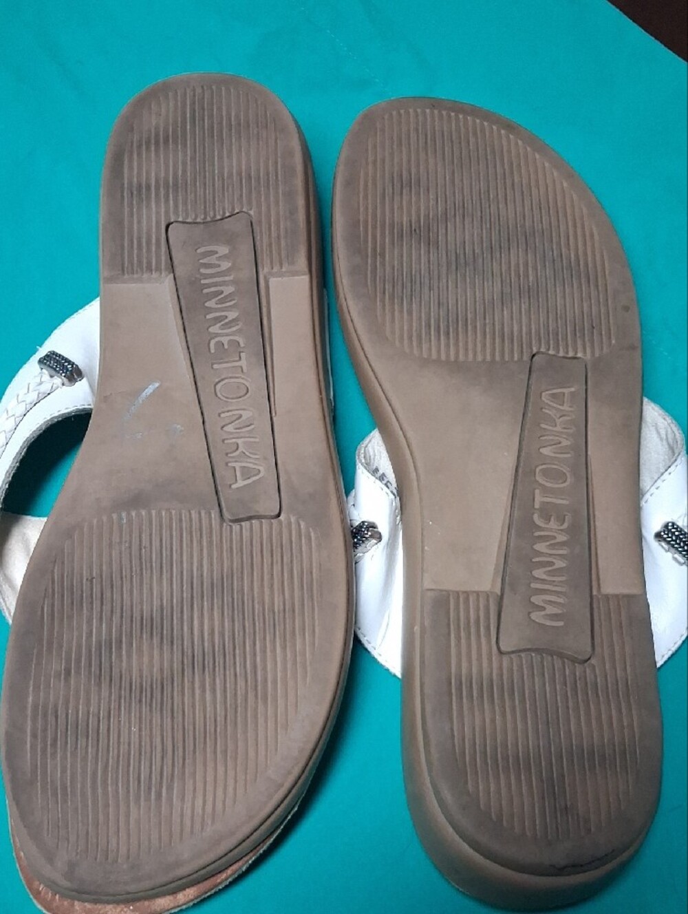 Minnetonka White Braided Thong Sandals with Silver Accents - Picture 3 of 4